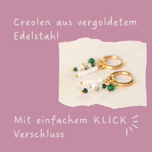 Creolen mit Perlen Anhänger | Cloisonné Emaille Perlen | goldfarben | Edelstahl Ohrringe | 16 mm