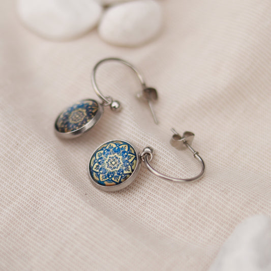 Mandala Charm | Creolen | Cabochon Anhänger | silber | blau