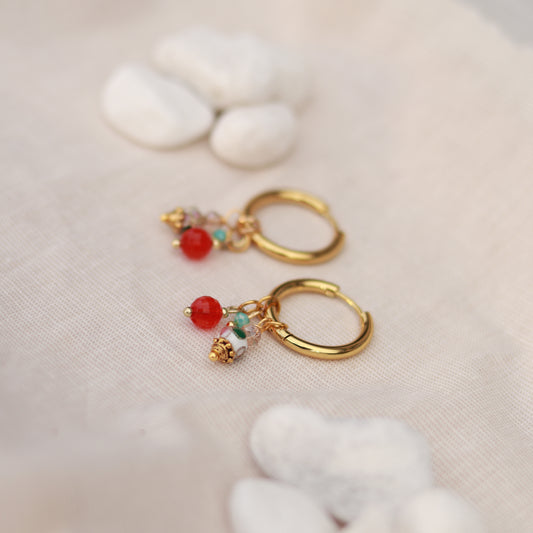 Golden Bloom | Creolen | Perlenmix Anhänger | gold | rot