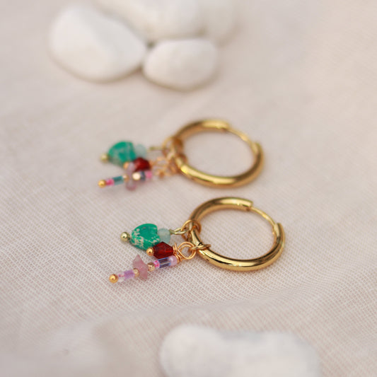 Golden Blossom | Creolen | Perlenmix Anhänger | gold | bunt