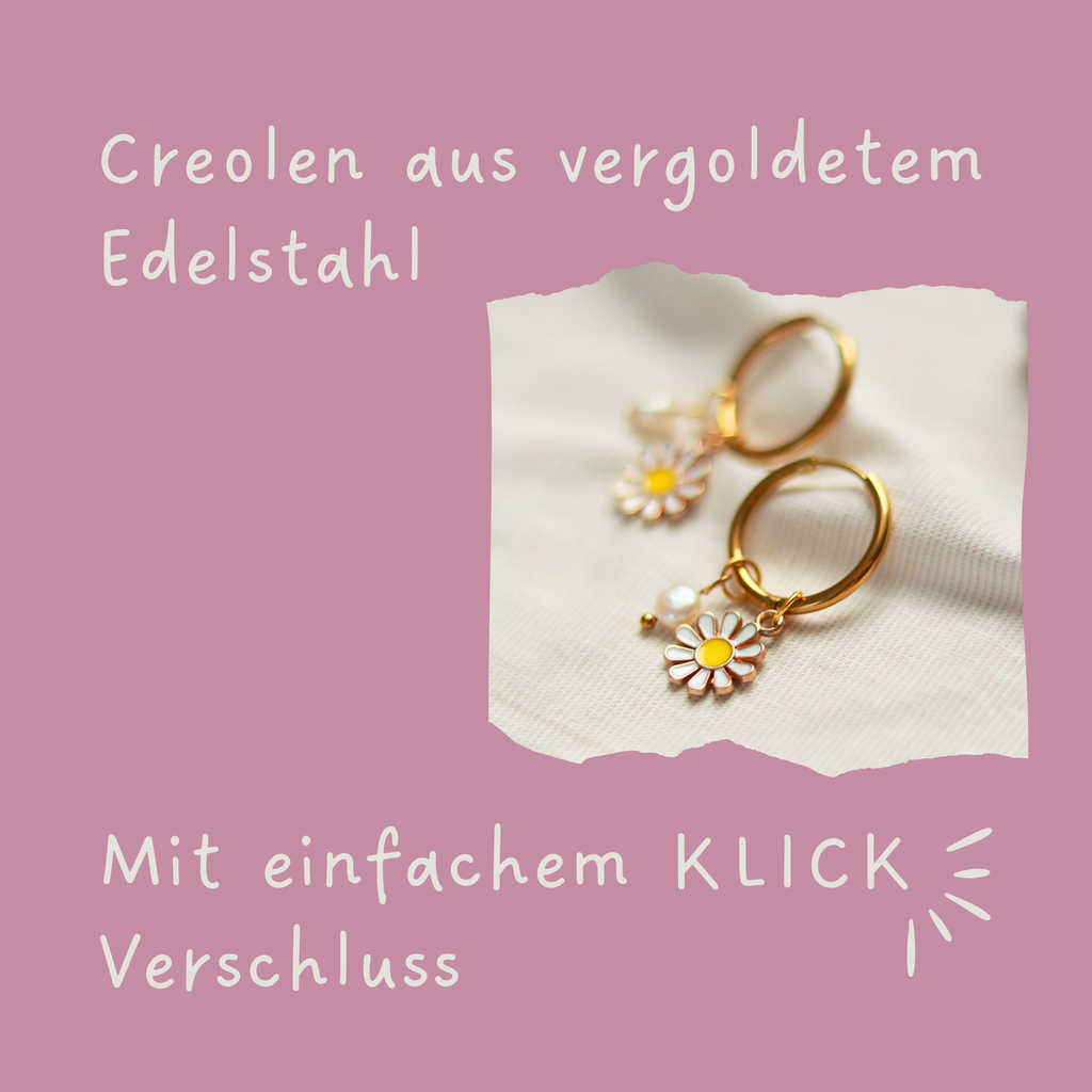 Creolen Ohrringe mit Gänseblümchen und Perle | goldfarben | 18 mm