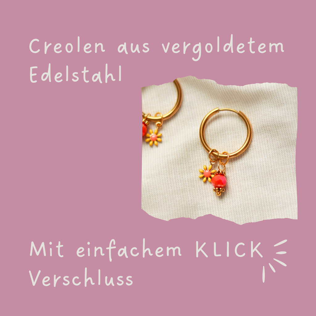 Creolen Perlenohrringe mit Gänseblümchen und Perle | orange, gelb | goldfarben | 18 mm