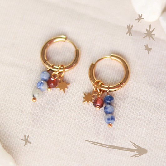 Creolen mit goldenen Sternen und Naturstein Perlen Anhänger | goldfarben blau | Edelstahl Ohrringe | 16 mm