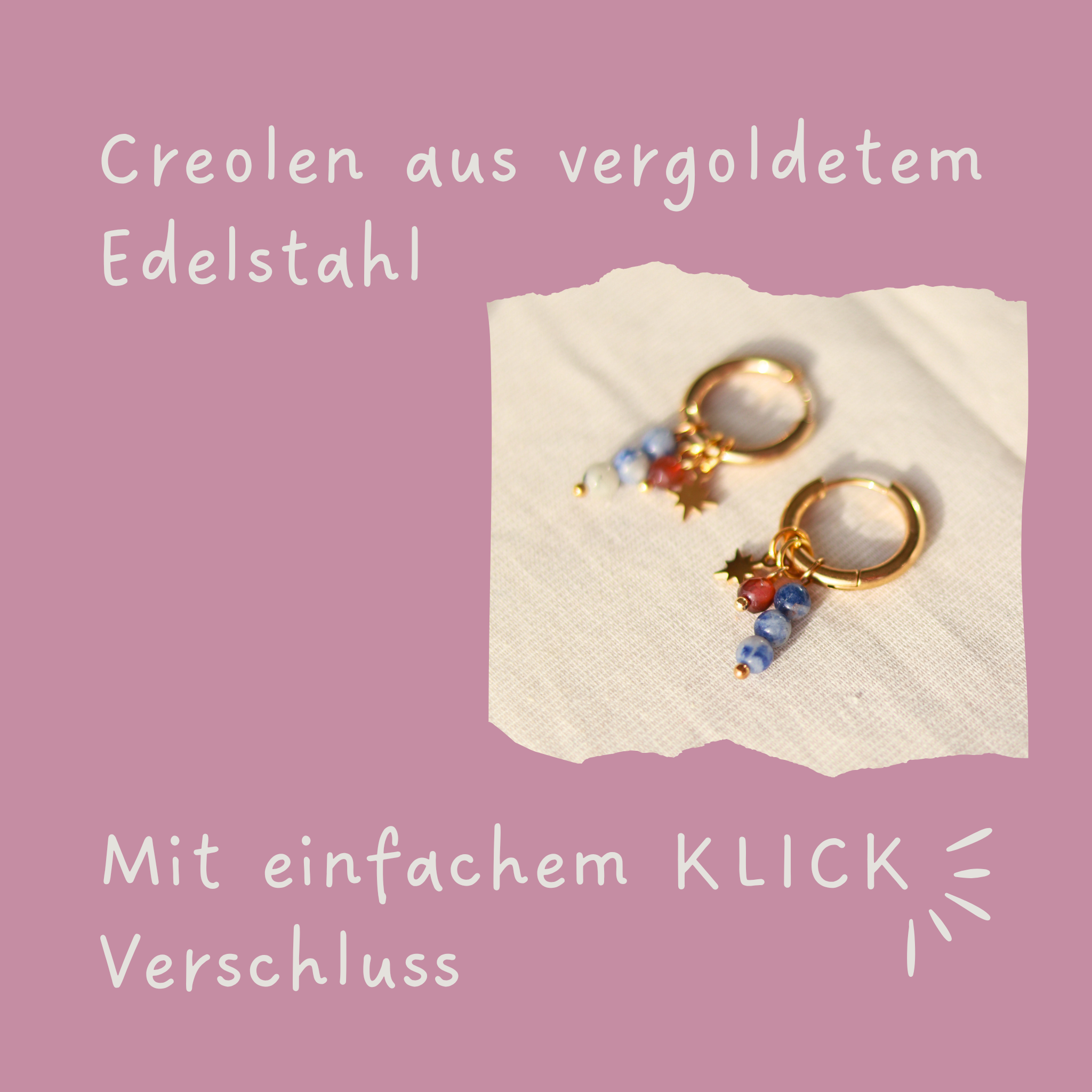Creolen mit goldenen Sternen und Naturstein Perlen Anhänger | goldfarben blau | Edelstahl Ohrringe | 16 mm