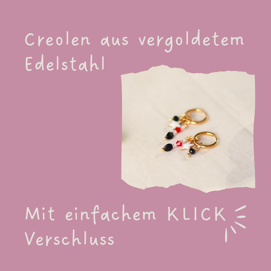 Creolen mit weißen Sternen und bunten Perlen Anhänger | goldfarben | Edelstahl Ohrringe | 14 mm