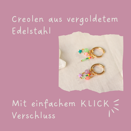 Creolen mit bunten Perlen und Emaille Stern | goldfarben | Edelstahl Ohrringe | 18 mm