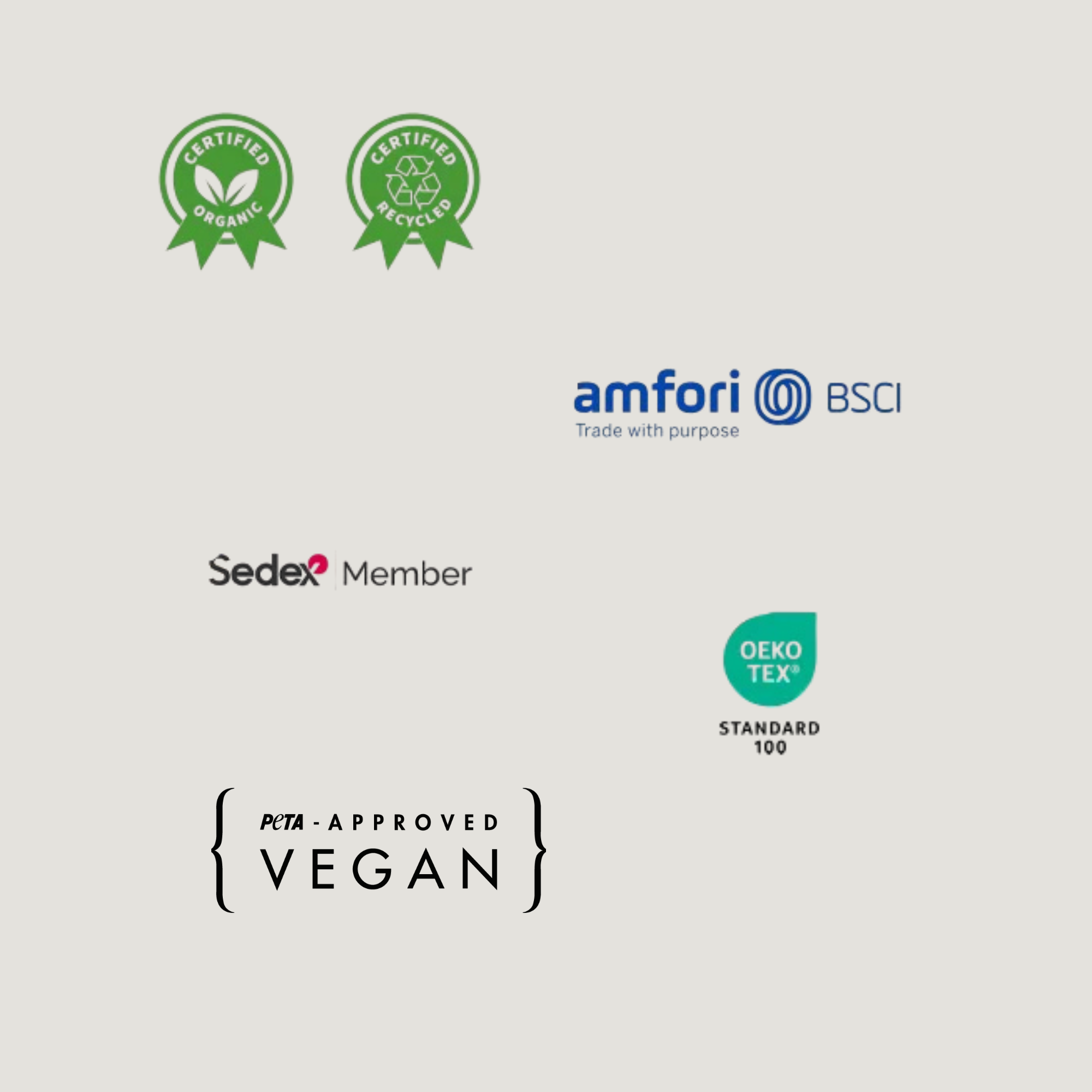 certified organic, recycled polyester, vegan, amfori sedex