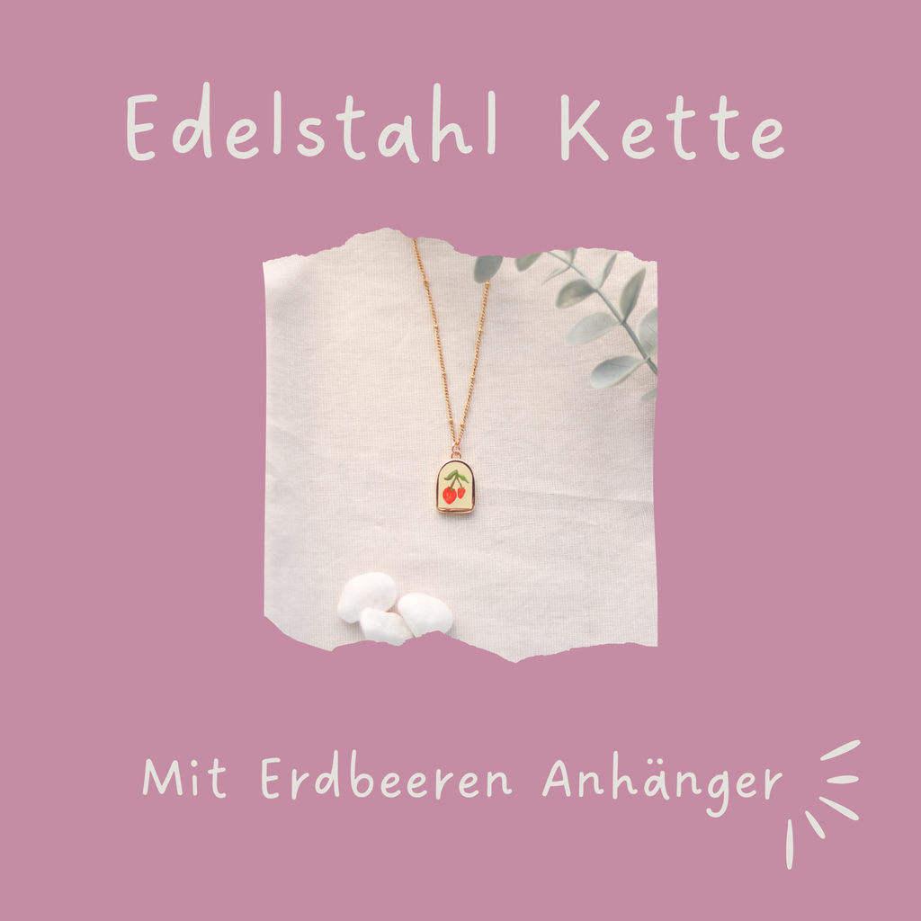 Erdbeeren | Halskette mit Emaille Anhänger | gold