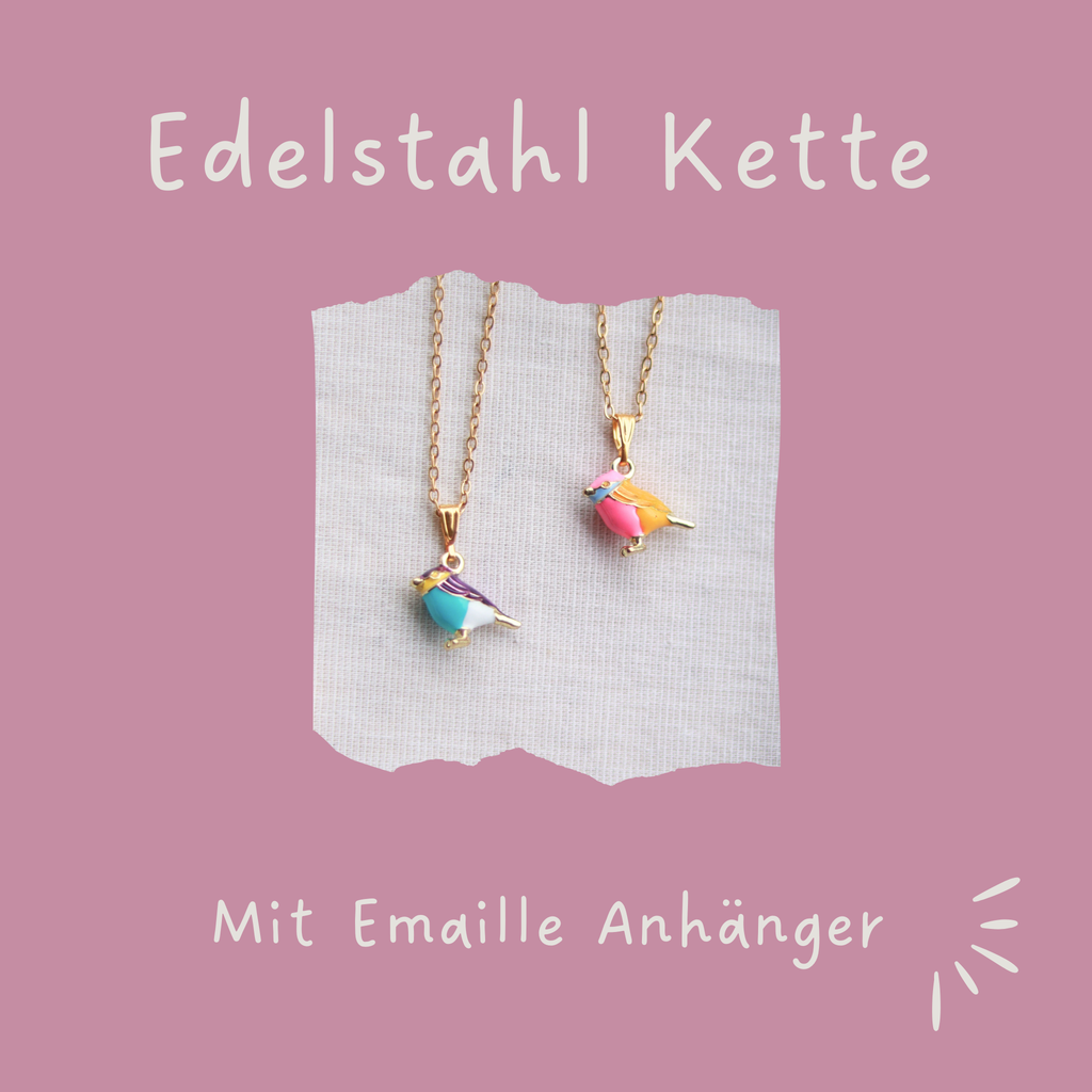 Birds | Halskette mit Emaille Vogel Anhänger | gold bunt