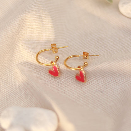 Golden Love | Creolen | Emaille Herz Anhänger | gold | pink