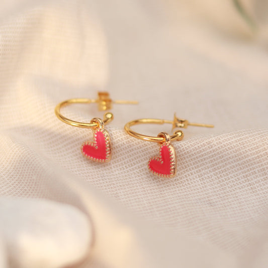 Golden Love | Creolen | Emaille Herz Anhänger | gold | pink