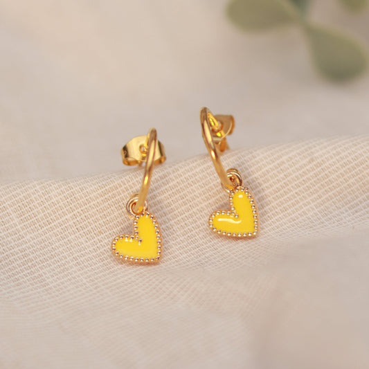 Golden Love | Creolen | Emaille Herz Anhänger | gold | gelb