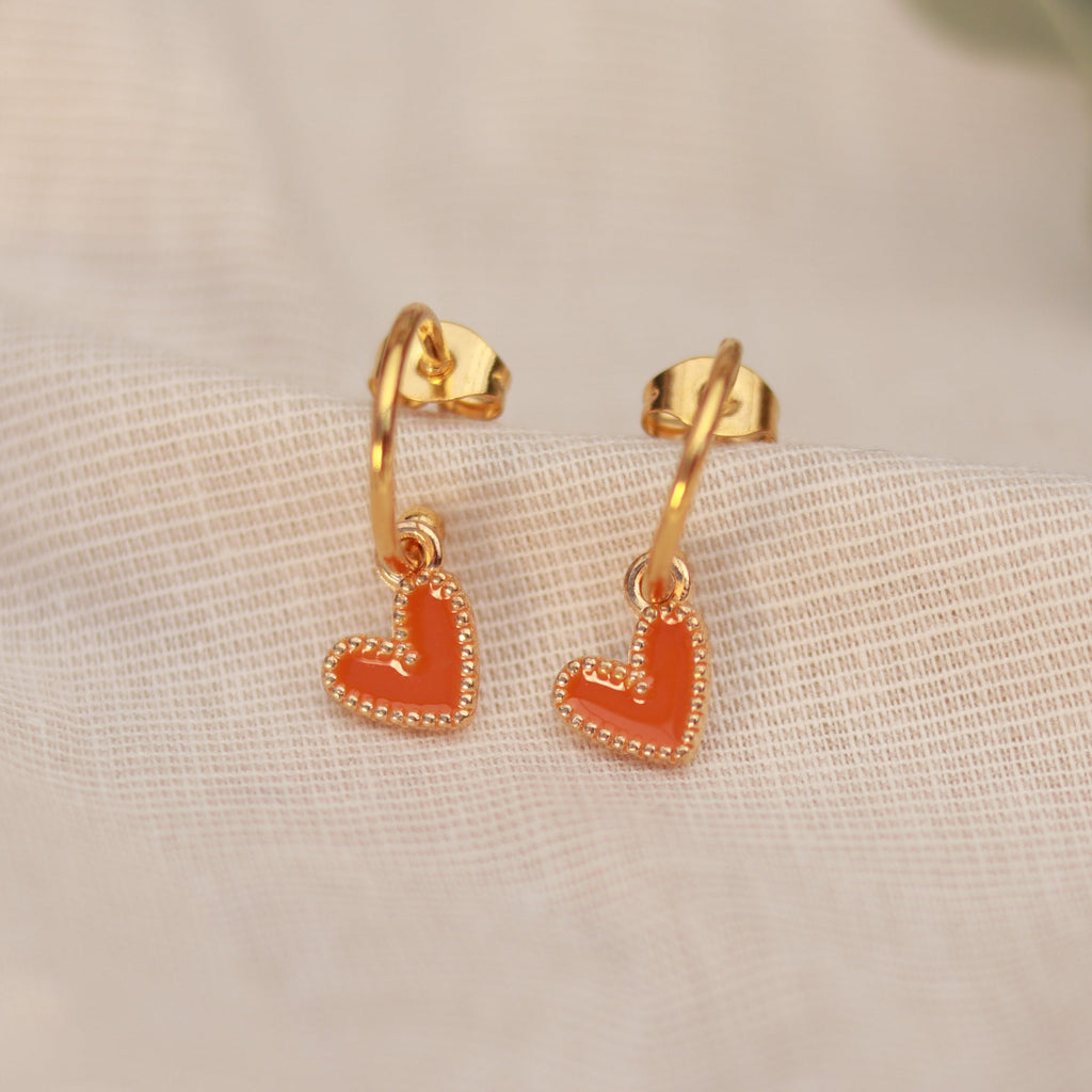 Golden Love | Creolen | Emaille Herz Anhänger | gold | orange