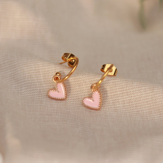 Golden Love | Creolen | Emaille Herz Anhänger | gold | rosa