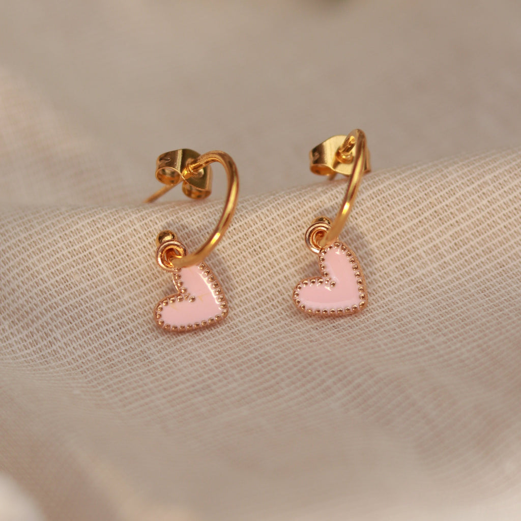 Golden Love | Creolen | Emaille Herz Anhänger | gold | rosa