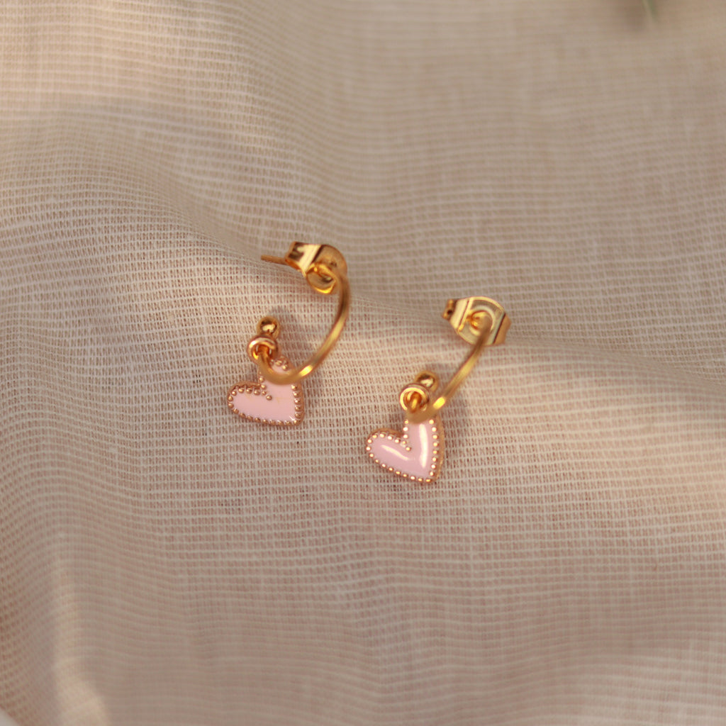 Golden Love | Creolen | Emaille Herz Anhänger | gold | rosa