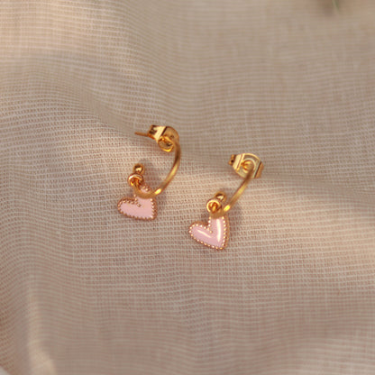 Golden Love | Creolen | Emaille Herz Anhänger | gold | rosa