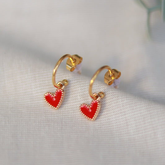 Golden Love | Creolen | Emaille Herz Anhänger | gold | rot