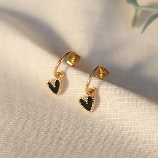 Golden Love | Creolen | Emaille Herz Anhänger | gold | schwarz