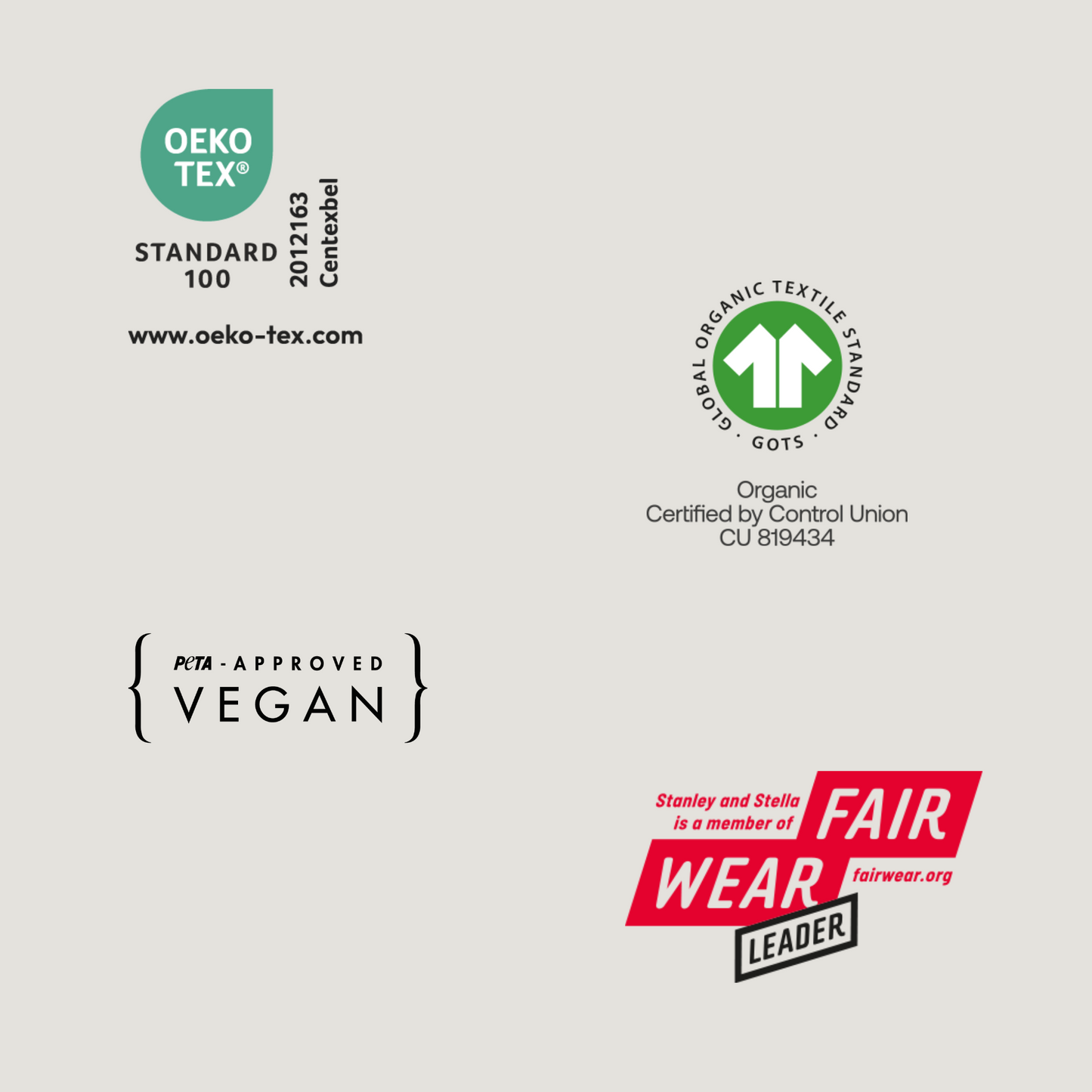 Oekotex 100, Certified Organic, Fair Wear, Vegan