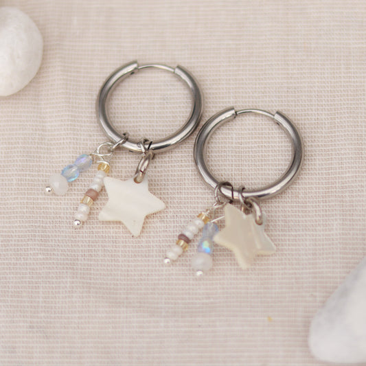 White Star | Creolen | Perlenmix Anhänger | silber | weiß